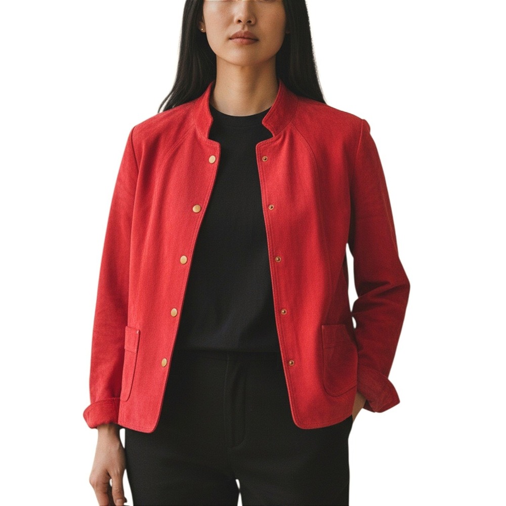 David Brooks Womens Jacket Sz M Red Suede Collarless Snap Front Pockets